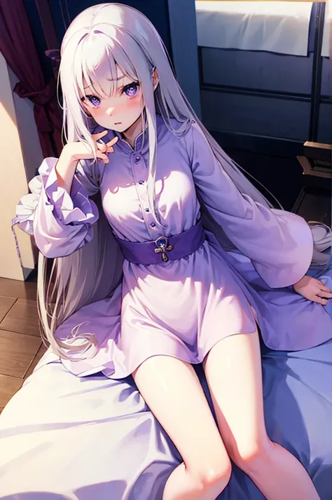 random pose、m-shaped spread legs、random underwear、light silver hair、semi-long hair、pale purple eyes、blueの下着姿、blushing、random ero...