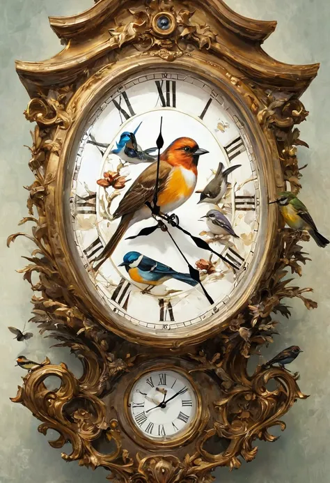 animals, birds and insect coming out of clocks in the style of painter gregsinksart.