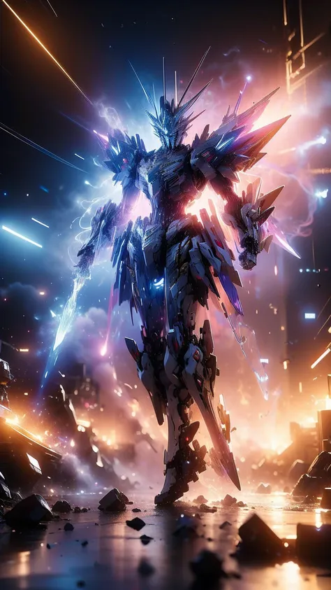 real、high resolution、8k、the strike freedom gundam stands in space emitting pink light particles.、particles of light surround the...