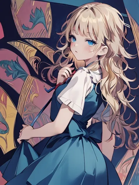 masterpiece, Highest quality, Very detailed, 16K, Ultra-high resolution, Cowboy Shot, Alice in Wonderland, (fauvism:1.4), 10-year-old girl, Detailed face, blue eyes, blonde, Long Hair, (wavy hair:1.5), Ribbon on head, Blue clothes, Plain white apron, 大きなcl...