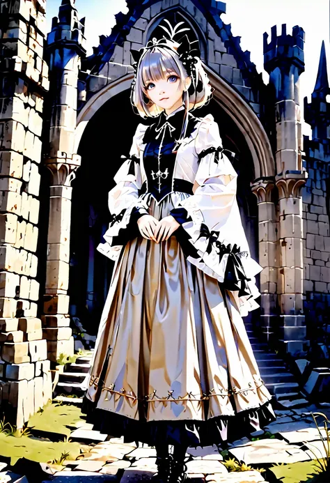 Its like a photo、Full body gothic lolita fashion、Tsundere Chara、Dark Elf、Hair is silver、skin color is wheat-colored。In the background is the ruins of a medieval castle.