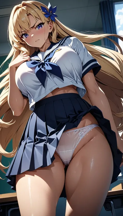 Angle from directly below、Glaring expression、A look of disdain、(Anime works, Anime Style, Studio Anime, Very detailed, Latest, Vibrant, Anime Coloring, High Contrast, masterpiece:1.2, Highest quality, Best aesthetics), A woman wearing a sailor suit, Pleate...