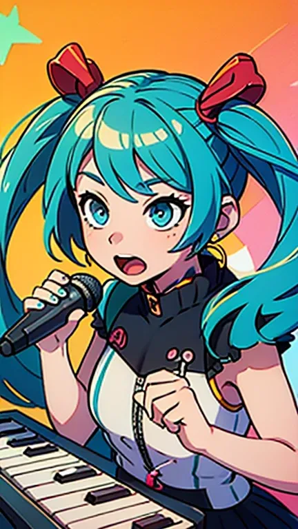 1 girl, rock concert singing, miku, blue hair, blue eyes, concert background, No microphone, Five fingers, playing the keyboard,