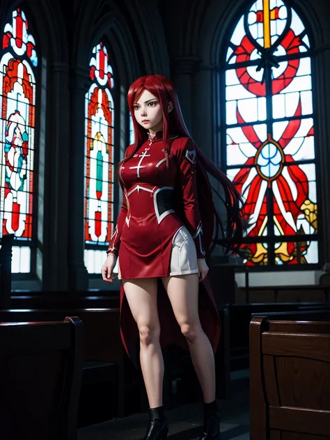 Full body picture of 1 girl: Erza Scarlet, wearing Rin Tohsaka outfit, in a church with huge windows at night, ultra realistic, top quality, 