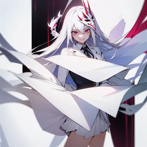 1 girl, dark white hair, villain, smile, psychopath, psychopath smirk, straight hair, (((noble cloth))), short skirt, white clot...