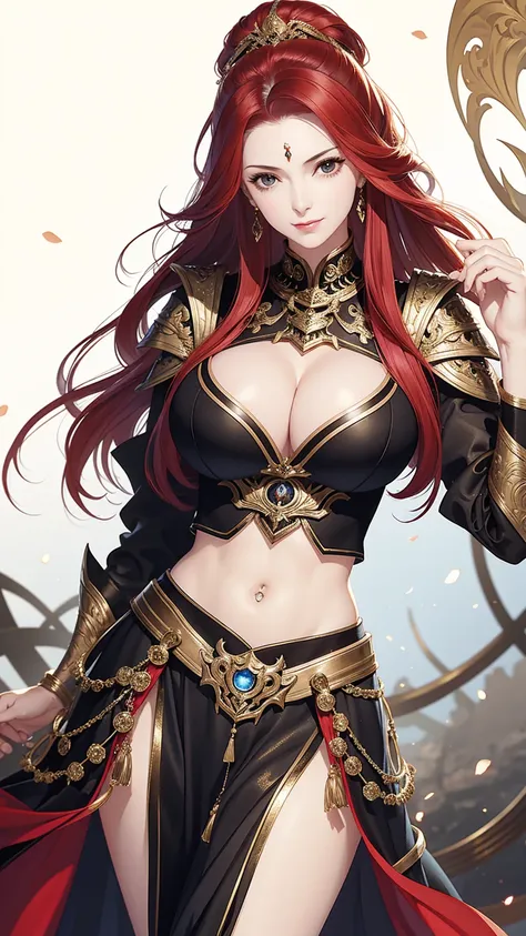 masterpiece, best quality, female, fortune, face portrait,red hair,long hair,abs, beautiful,breasts,black armor,midriff,pale skin,milf,busty,big breasts,black shoulder pads,sideboob,empress,huge breasts,sexy bride outfit,garter belt,liff skirt,dress,(hip c...