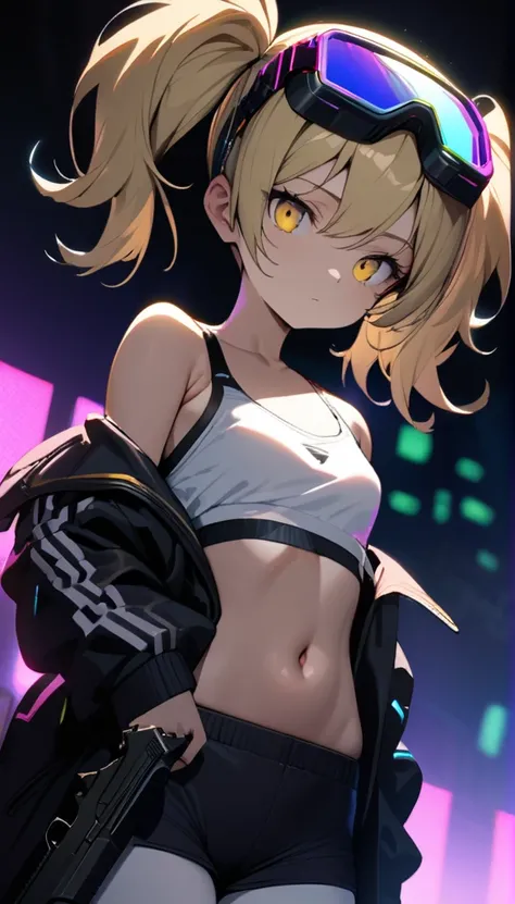 a handsome girl, solo, blond hair, twintails, yellow eyes, cyber punk black jacket, white tank top, goggles on head, [navel], off shoulder, open jacket, black shorts, white pantyhose,
handgun,
expressionless, blurry background, perfect lighting, perfect an...