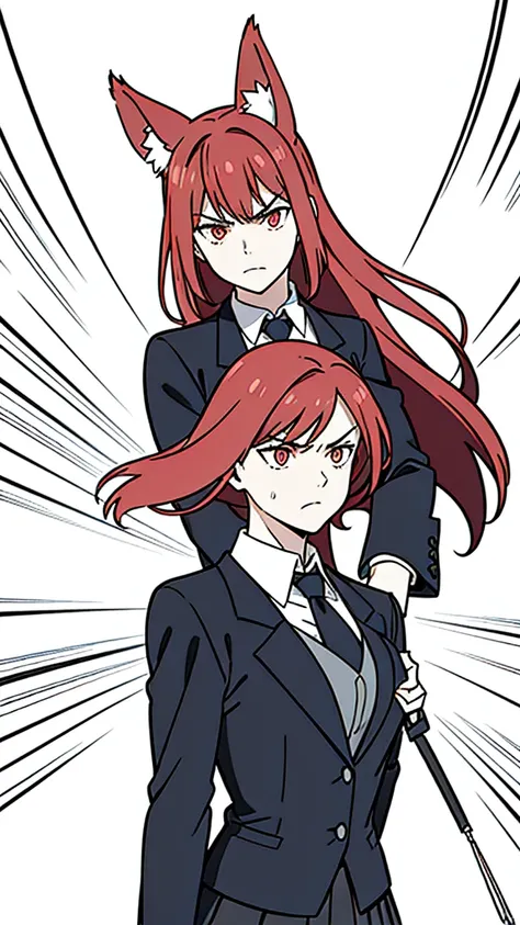 1girl ,solo,20s,mature female,angry face,red hair,long hair,fox ears,(white background, line drawing),black standard tie,blue blazer,long sleeves, black pleated skirt,(upper body)