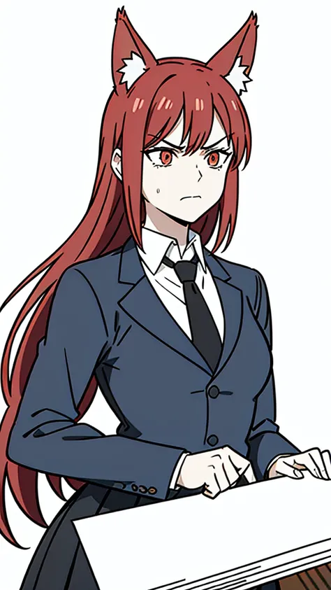 1girl ,solo,20s,mature female,angry face,red hair,long hair,fox ears,(white background, line drawing),black standard tie,blue blazer,long sleeves, black pleated skirt,(upper body)