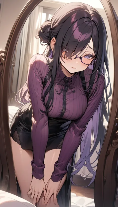 anime girl in purple shirt and black skirt looking in mirror