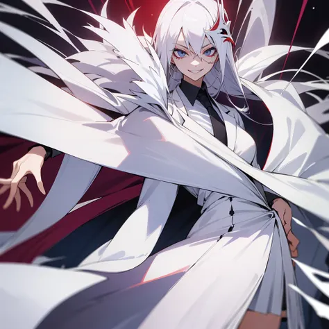 1 girl, dark white hair, villain, smile, psychopath, psychopath smirk, straight hair, (((noble cloth))), short skirt, white clot...