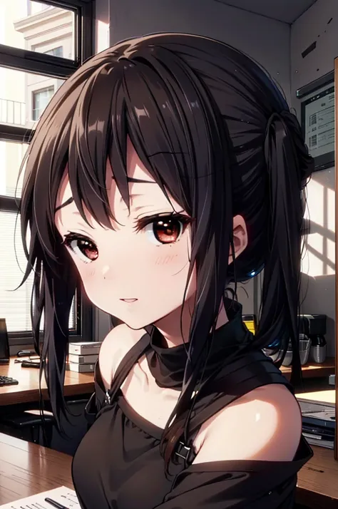 meet, Azusa Nakano, Black Hair, (Brown eyes:1.5), Long Hair, Straight Hair,Cold shoulder tops,Short sleeve,Skinny jeans,Stiletto heels,happy smile, smile, Open your mouth,interior,There is a computer on the table,Walking,So that the whole body goes into th...