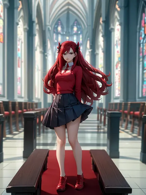 full body picture of 1 girl: erza scarlet, wearing rin tohsaka outfit, in a church with huge windows at night, ultra realistic, ...