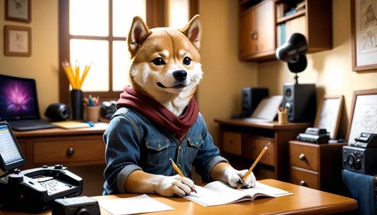 (photo film style), anthropomorphic, cute little Shiba Inu, , in his room, studying, 2D, colorful, warm atmosphere, shiny, Jean-Baptiste Monge style, Alan Lee style