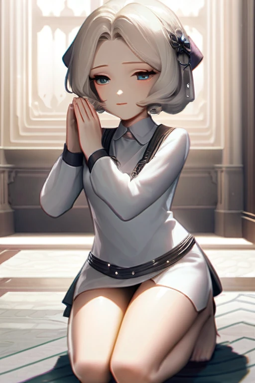 ((Лучшее качество)), ((шедевр)), (подробный), Anime girl half naked kneels and prays