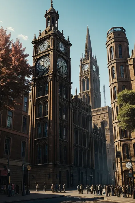 The Great Clock Tower in the center of Steam Necropolis, an imposing structure made of iron and glass, with visible gears and cogwheels. The tower rises majestically over the city, with steam coming out of the boilers at its base. The clock on top shows in...