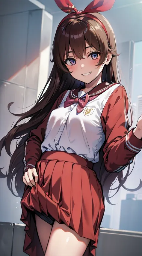 1girl,
BREAK ((amber (genshin impact), brown eyes, brown hair, long hair, red hair ribbon,:1))
BREAK ((smiling,schools uniform,standingleg up ,flat chests,:1.6))
BREAK indoors,
BREAK looking at viewer, 
BREAK (masterpiece:1.2), best quality, high resolutio...