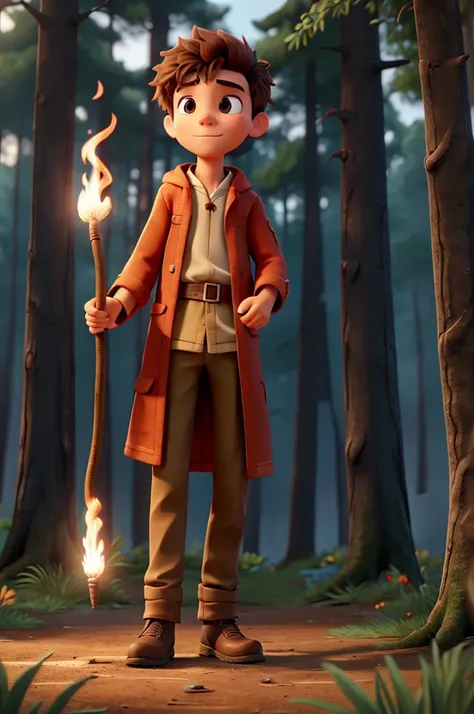 Young fire wizard with a staff burns in the forest