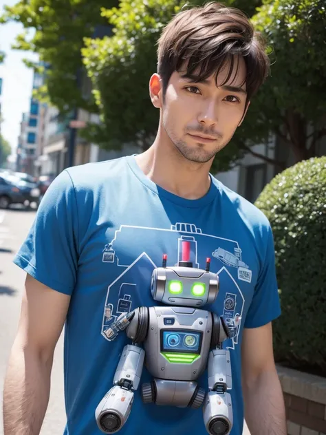 A man in his 30s wears a robot shirt. Bright picture during daytime