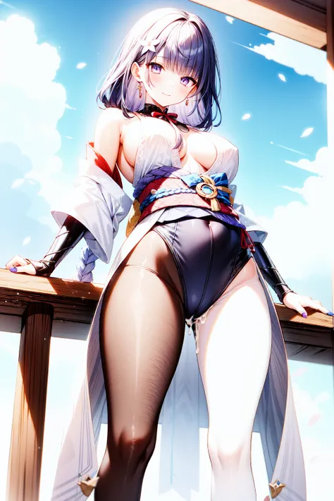 1girl, raidenshogundef, breasts, solo, purple_eyes, purple_hair, navel, cum, looking_at_viewer, swimsuit, sky, sitting, long_hair, bikini, v, large_breasts, pantyhose, outdoors, cherry_blossoms, bangs, braid, hair_ornament, braided_ponytail, blue_sky, thig...