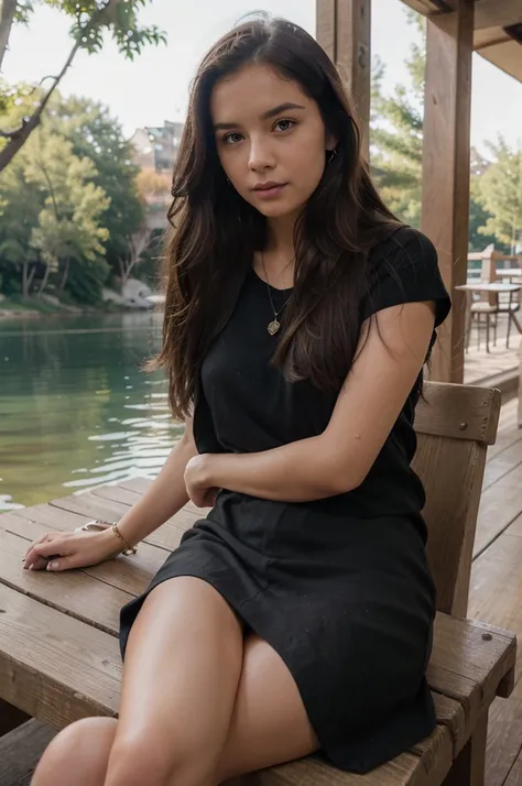 1girl in, 30 years old, Square face, Long hair, Looking at viewer, jewelry, Reality, Sexy, student clothes , Lake backdrop , resting position