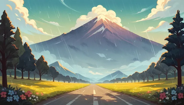 Plains, wide highways, flowers and trees in the middle and on both sides of the road, sunny and rainy, half rainy and half sunny, light shining through the clouds, raindrops in the air, mountains in the distance, vegetation on the mountains