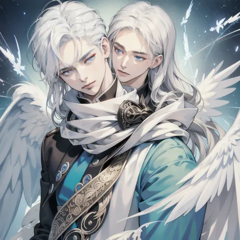 1 male, long white hair, male, white wings, angel, blue eyes, mature face, (soft coloring, dynamic shading), (extreamly delicate and beautiful:1.2), 8K,(masterpiece:1.0),(best_quality:1.0), 1 boy, and intricate detailing, Enlarged textures, and intricate d...