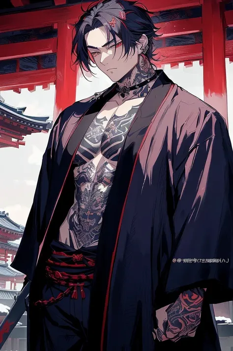 anime guy with tattoos and a black robe standing in front of a red building, handsome guy in demon slayer art, beautiful male god of death, handsome japanese demon boy, samurai chains ink undead, inspired by Kanō Hōgai, by Kanō Tanyū, handsome saitama. int...