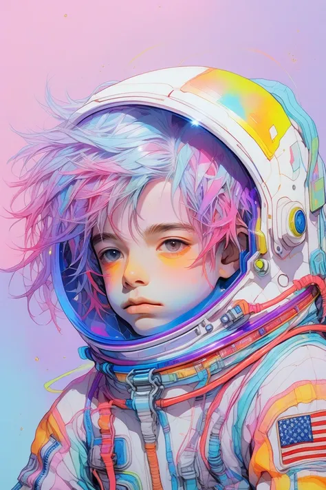 (Realistic:1.1),light blue ,Oil Color,(One boy ),,lip, Laryngeon,Rice bran, Rust gradient background, Fluorescent purple hair,Shag Hair, astronaut ,, (masterpiece,Highest quality,Rainbow Style)