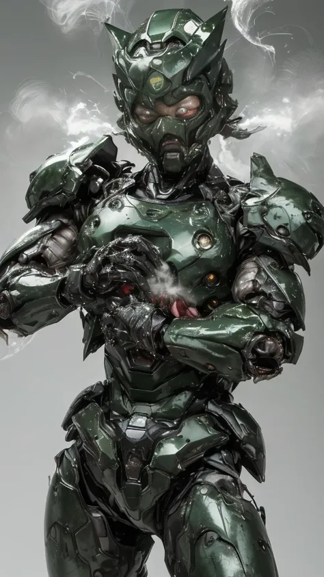 Rough skin, Very detailed, Advanced Details, high quality, 最high quality, High resolution, 1080P 、Bleeding from the wound、Sexy Eyes、Wearing green and black、cute((The whole body is sweating))(Equipped with a damaged battle suit....)(Dark green armor)(Broken...