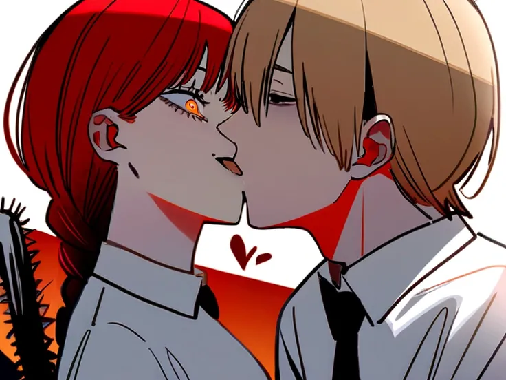 open mouth,(kiss),best quality, Crazy details,1 girl,1 boy, sit,In-flight and and (1 boy:1.4) blonde hair, appropriate (Chainsaw Man),and 1 person,hand (Chainsaw Man), best quality, Very detailed, 1 girl, , stand, red hair, long braided hair, golden eyes, ...