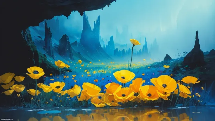 32k, Masterpiece, Highest quality, One girl, Detailed eyes, flower,Iceland Poppy, Blue and yellow style,A dreamy, romantic piece,Pale yellow, Mysterious Leaves,A playful arrangement,Fantasy,High Contrast,Ink strokes,explosion,Exposure, Impression of blue a...