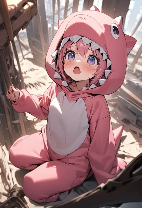 masterpiece,Highest quality,A  wearing a cute pink dinosaur costume is looking up at a dinosaur skeleton, whole body,