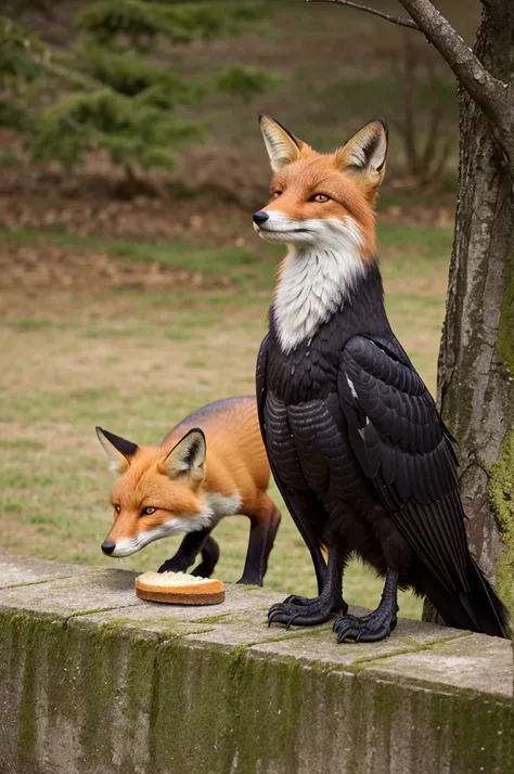 5. Fox Eating the Bread: Show the fox happily munching on the bread, with a satisfied expression. The background could include the crow looking down from the tree with a sad and remorseful expression.