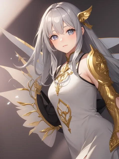 1girl, gray hair, gold eyes, fairy wings