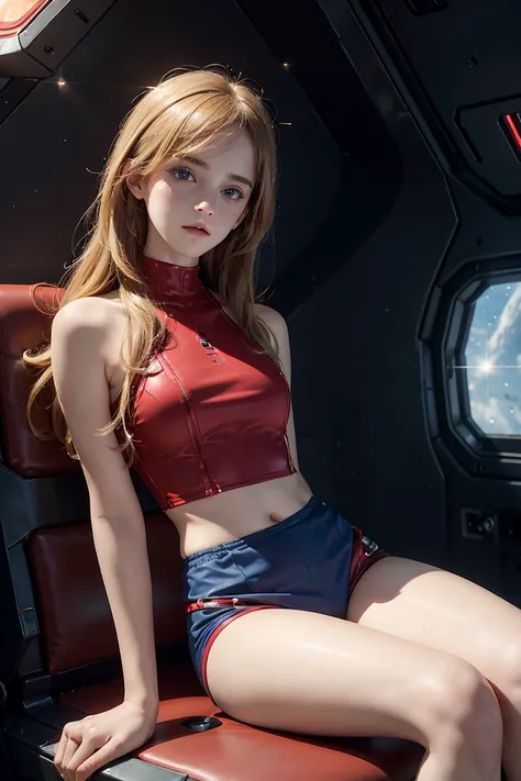 beautiful teen emma watson dressed in a plugsuit of evangelion blonde. freckles. sparkly blue eyes that speak of innocence and acceptance. Slender frame and beautiful figure. intricate sparkly tight red shorts. crop top. sitting outside a spaceship. sci-fi...