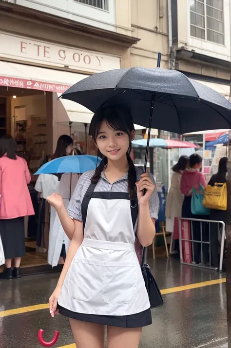 A 20-year-old girl selling umbrellas with umbrellas lined up（Wearing a miniskirt and apron）