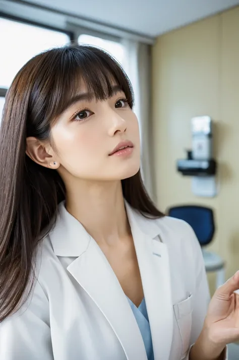 Hospital examination room, female doctor, ((full body)), ((photo)), ((best qualtiy, 8K, tmasterpiece: 1.3)), Focus: 1.2, perfect figure beautiful woman: 1.4, 1woman, cowboy shot, look at viewer, eyes facing the camera, incredibly absurd, beautiful and cute...