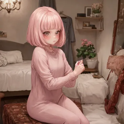 An 8-year-old girl is sitting in her room. She has blunt bangs and a bob haircut, with pale pink hair. She is wearing light blush on her cheeks and has a cute, youthful face. She is dressed in casual indoor clothes, looking relaxed. The background shows pa...