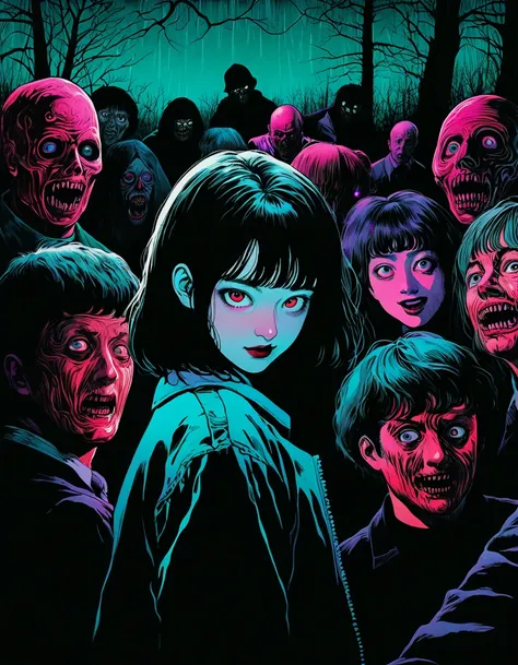 illust、art、from 80s horror movie, directed by Junji Ito、darkness、Serial killer、high detail, realsitic shadow、Analog style, chromatic aberration, Complementary color gradient、Surrealism