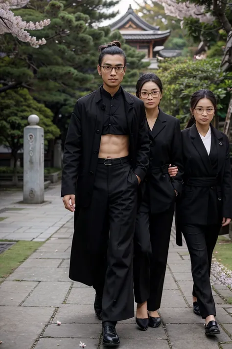 a young man wearing glasses from Indonesia, man bun, wearing a black coat, black shirt, black trousers, shoes, holding two beautiful women, the first woman wearing Chinese clothes, the second woman wearing a kimono, walking, full body, cherry blossom garde...