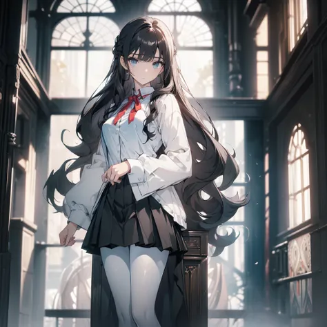 ((masterpiece, best quality)), Delicate face，High School Suit Jacket、Long skirt、JK style，Full body painting，Perfect body proportions，Large Breasts，Long legs，((Long wavy hair)), ((Half of her hair is white，The other half is black，Available in two colors))，b...