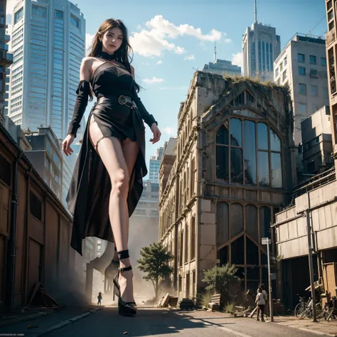 Ground View，giantesscity,giant girl 500 feet high，skyscrapers,Have a pair of ultra long legs,stepping in the crowd，many people in street,a pair of huge breasts，Princess，mini skirt,black silk socks，Has black waist-length hair，Wearing a pair of Mary Jane hee...