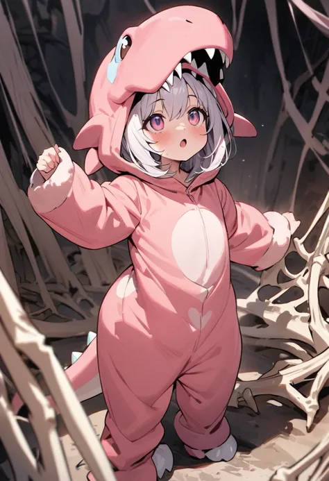 masterpiece,Highest quality,A  wearing a cute pink dinosaur costume is looking up at a dinosaur skeleton, whole body,