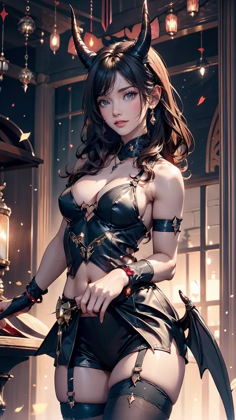 24-year-old female、Sexy proportions、Sexy、Narrow waist、Wear waist jewelry、Wear accessories on your wrist、Little devil cosplay、Two small horns on the head、Small bat wings on the back、High leg bondage suit、Knee-high socks、Holding a stick shaped like a magic w...