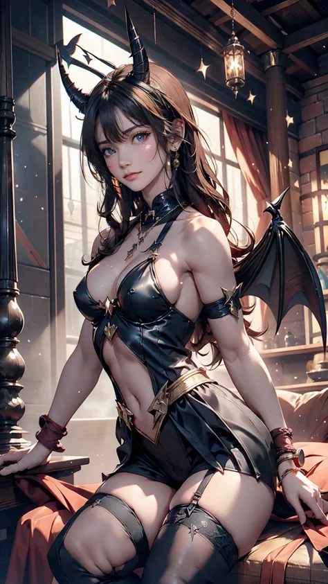 24-year-old female、Sexy proportions、Sexy、Narrow waist、Wear waist jewelry、Wear accessories on your wrist、Little devil cosplay、Two small horns on the head、Small bat wings on the back、High leg bondage suit、Knee-high socks、Holding a stick shaped like a magic w...