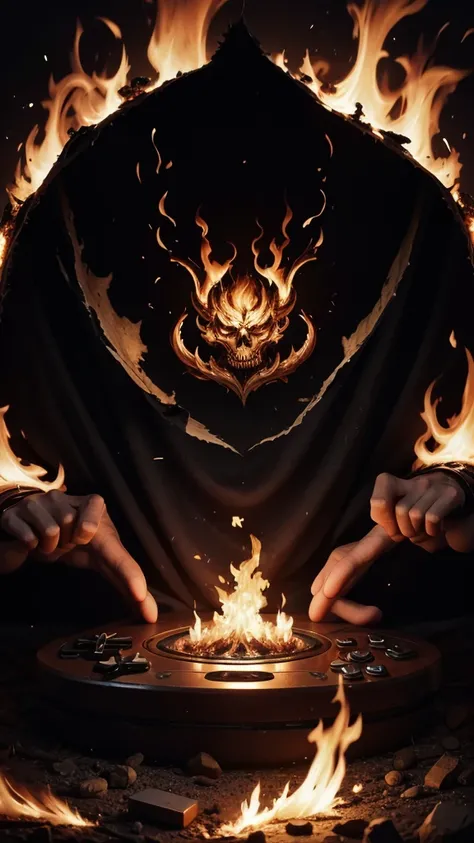 A logo with the name of the lich inside a bideo games controller burning in flames 