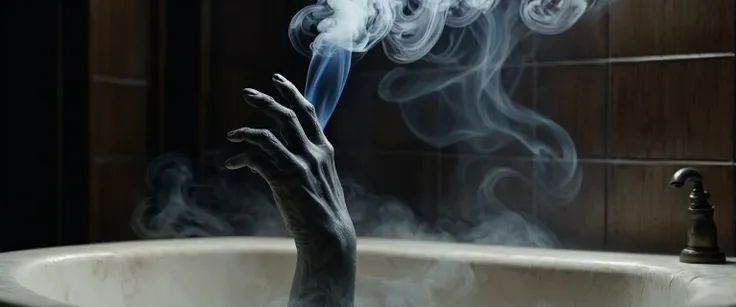 ghost hand made of smoke, show ghost hand holding water tap in old style bathroom. midnight, low lights, blowing wind, foggy, smoky, scary, 8k quality video, very detailed, very realistic, very focused, cinematic