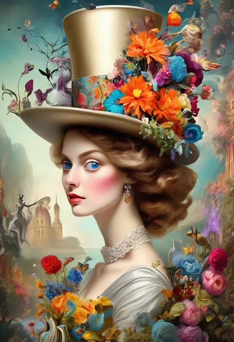 In a beautiful surreal portrait, Curious woman wearing a flower-decorated high hat、(((A top hat decorated with lots of flowers、Flower arrangement top hat)))、 This image is truly a surrealist piece of digital art., Inspired by the magical works of Maxim Ver...