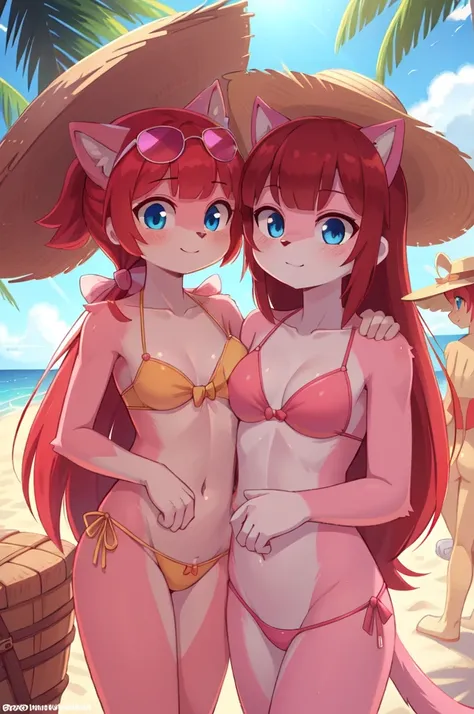 score_9,score_8_up,score_7_up, source_cartoon, source_furry, furry girl, cat, red hair, knight bangs hairstyle, long ponytail, anime style, medium breasts, blue eyes, ((bright pink bikini Bandeau with bow in the center, side bows at the bottom, Sunglasses ...